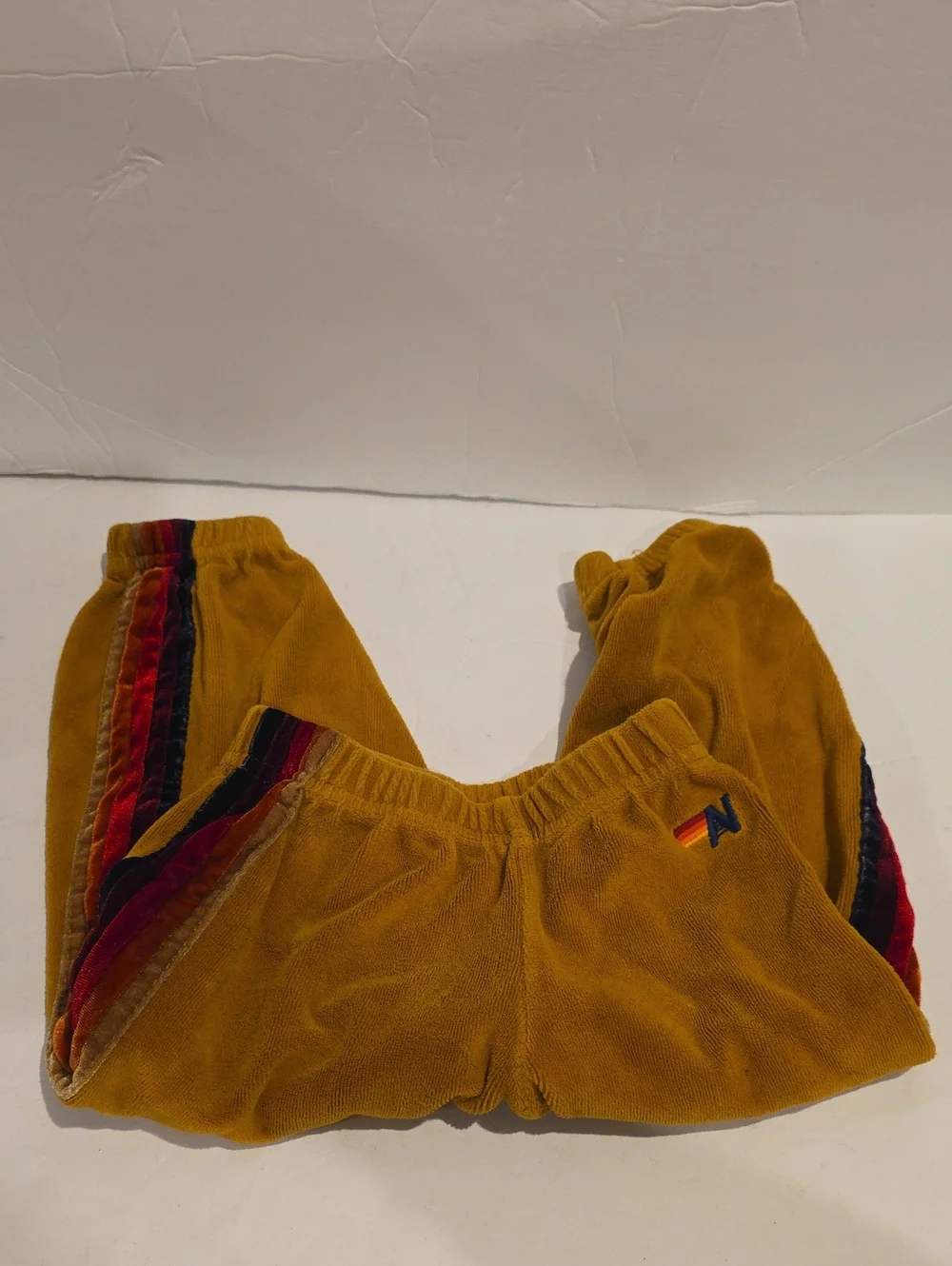 Aviator Nation Velour Kids  Jogger Pants in Mustard with Rainbow Stripe - 4t